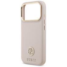 GUESS dėklas, skirtas IPHONE 17 Pro, suderinamas su „MagSafe“ GUHMP17LPGCRMDEP (PU su grūdėtu juodu logotipu), rožinis