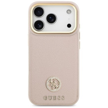 GUESS dėklas, skirtas IPHONE 17 Pro, suderinamas su „MagSafe“ GUHMP17LPGCRMDEP (PU su grūdėtu juodu logotipu), rožinis