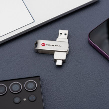 USB atmintinė 128GB USB 3.2 Gen 1 (USB A / USB C) Forcell F-Data Metal Duo, sidabrinė USB atmintinė 128GB USB 3.2 Gen 1 (USB A / USB C) Forcell F-Data Metal Duo, sidabrinė
