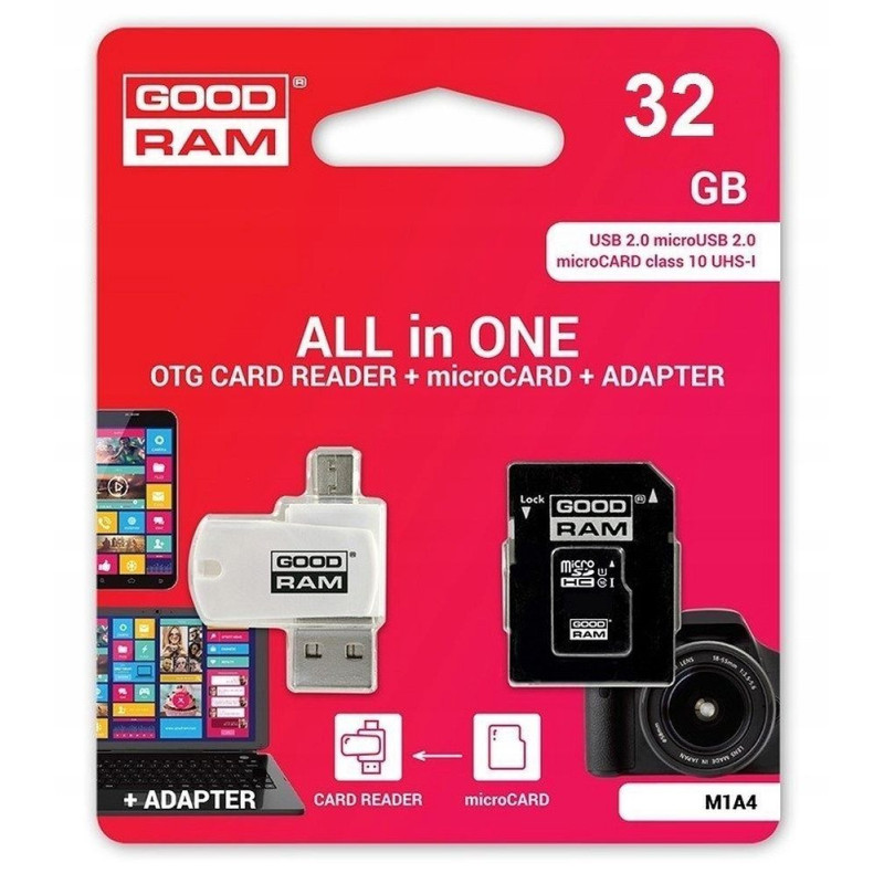 GOODRAM kortelių skaitytuvas USB A + Micro USB ALL IN ONE M1A4 + atminties kortelė micro SD 32GB su SD adapteriu