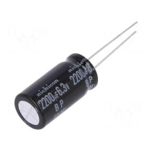 Kondensatorius: elektrolitinis, bipolinis, THT, 2200uF, 6,3 V nuolatinės srovės, Ø10x20 mm