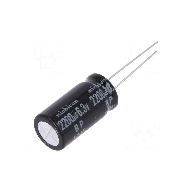 Kondensatorius: elektrolitinis, bipolinis, THT, 2200uF, 6,3 V nuolatinės srovės, Ø10x20 mm