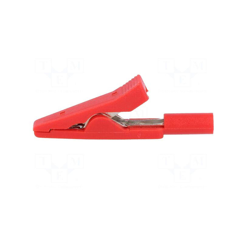 Krokodilo tipo spaustukas, 10A, 60VDC, raudonas, bendras ilgis: 41,5 mm