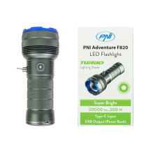 PNI Adventure F820 200 W žibintuvėlis, 3 apšvietimo lygiai ir „Turbo“, 20000 liumenų, iki 350 m, 2600 mAh baterija, IPX7