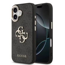 „Guess“ „Apple iPhone 17“ PU odinis 4G metalinis logotipo dėklas, auksiniu rėmeliu, „MagSafe“ juodas