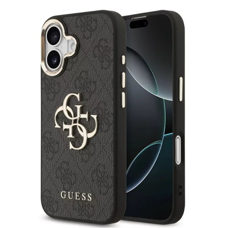 „Guess“ „Apple iPhone 17“ PU odinis 4G metalinis logotipo dėklas, auksiniu rėmeliu, „MagSafe“ juodas