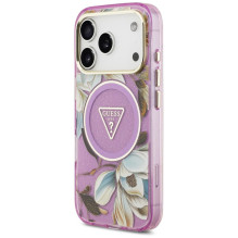 GUESS case for IPHONE 17 Pro Max compatible with MagSafe GUHMP17XHFLPEDU (IML Metal Glitter Flowers Triangle) purple