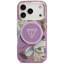 GUESS case for IPHONE 17 Pro Max compatible with MagSafe GUHMP17XHFLPEDU (IML Metal Glitter Flowers Triangle) purple