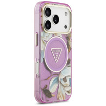 GUESS case for IPHONE 17 Pro Max compatible with MagSafe GUHMP17XHFLPEDU (IML Metal Glitter Flowers Triangle) purple