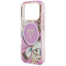 GUESS case for IPHONE 17 Pro Max compatible with MagSafe GUHMP17XHFLPEDU (IML Metal Glitter Flowers Triangle) purple