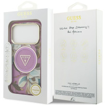 GUESS case for IPHONE 17 Pro Max compatible with MagSafe GUHMP17XHFLPEDU (IML Metal Glitter Flowers Triangle) purple