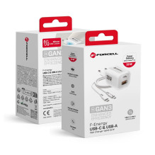 Telefono įkroviklis Forcell F-Energy GaN III Crystal Color USB C + USB A QC4.0 PD 33W + silikoninis laidas USB C į USB C