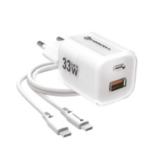 Telefono įkroviklis Forcell F-Energy GaN III Crystal Color USB C + USB A QC4.0 PD 33W + silikoninis laidas USB C į USB C