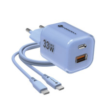 Phone charger Forcell F-Energy GaN III Crystal Color USB C + USB A QC4.0 PD 33W + silicone cable USB C to USB C VT-41 bl