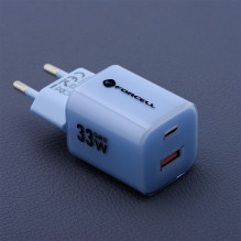 Phone charger Forcell F-Energy GaN III Crystal Color USB C + USB A QC4.0 PD 33W + silicone cable USB C to USB C VT-41 bl