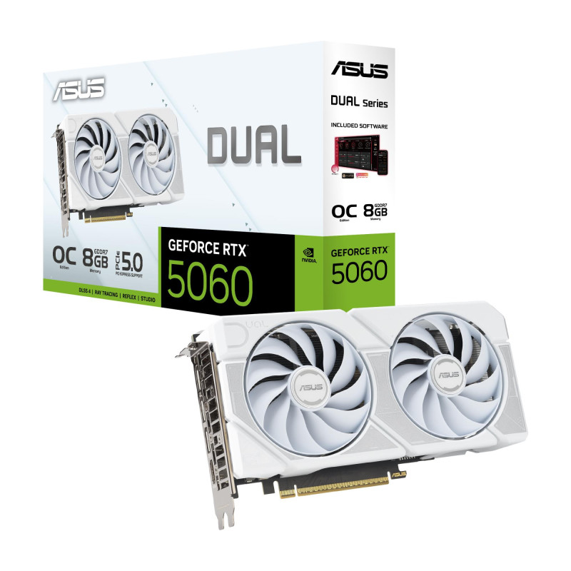 Graphics CardASUSNVIDIAGeForce RTX 50608 GBGDDR7128 bitPCI Express 5.0ActiveDUAL-RTX5060-O8G-WHITE