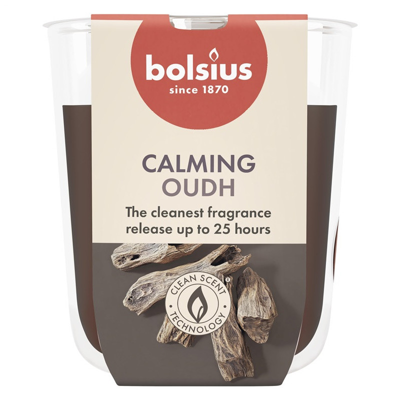 Candle, scented Bolsius Calming Oudh, 25 h, Brown