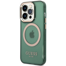 Guess GUHMP14LHTCMA iPhone 14 Pro 6,1 colio žalias / chaki spalvos kietas dėklas Gold Outline permatomas MagSafe