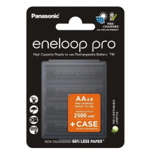 Panasonic Eneloop Pro AA 2500mAh 4BL įkraunamos baterijos 4 vnt. ir baterijų dėklas Panasonic Eneloop Pro AA 2500mAh 4BL įkraunamos baterijos 4 vnt. ir baterijų dėklas