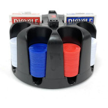 Bicycle besisukantis pokerio žetonų (poker chip rack) stovas su rankena, 200x žetonų, 2 kortų kaladėlės Bicycle besisukantis pokerio žetonų (poker chip rack) stovas su rankena, 200x žetonų, 2 kortų kaladėlės