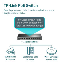 Switch, TP-LINK, Desktop / pedestal, 9x10Base-T / 100Base-TX / 1000Base-T, 1x10 / 100 / 1000BASE-T / SFP combo, PoE+ por