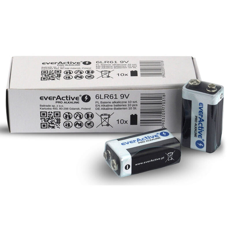6LR61 / 9V baterijos 9V „everActive Pro Alkaline MN1604 / 522“ pakuotėje po 10 vnt.