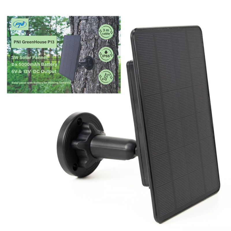 Saulės baterija su 6 V ir 12 V išvestimi, 3 W, 5200 mAh ličio jonų baterija, IP66, miško kameroms