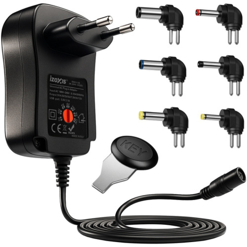Universal 30W power supply 3-12V with USB and 6 interchangeable tips