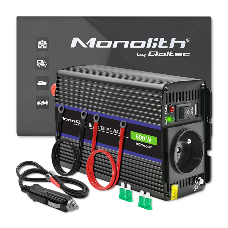 „Qoltec Monolith“ įtampos keitiklis 600 MS Wave, nuo 12 V iki 230 V, 300/600 W, USB