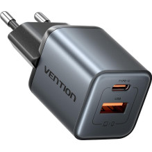 Įkroviklis - Vention 30W USB-A ir USB-C GaN Maitinimo Adapteris Juodas Įkroviklis - Vention 30W USB-A ir USB-C GaN Maitinimo Adapteris Juodas