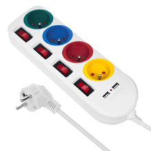 Ilgiklis - Maclean MCE229, 4 Lizdai + 2xUSB, Su Jungikliais, 1,5 m, Balta
