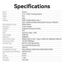 NB ACC įkrovimo stotelė 9in1 / USB-C 0.15M TGVHB VENTION NB ACC įkrovimo stotelė 9in1 / USB-C 0.15M TGVHB VENTION