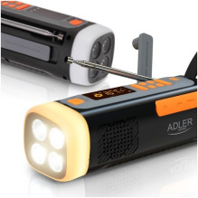 Adler AD 1920 avarinis radijas su saulės baterija / alkūniniu velenu / išorine baterija, 4500 mAh, juodas