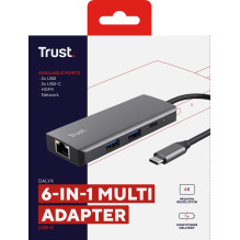 „Trust Dalyx“ – 6 viename USB-C kelių prievadų adapteris, 1000 Mb/s (sidabrinis)