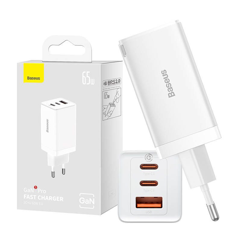 „Baseus“ sieninis įkroviklis „Baseus GaN5 Pro 2xUSB-C + USB“, 65 W (baltas)