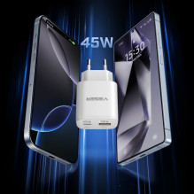 Phone charger VEGER USB A + Type C PD Super Charge PPS 45W + data cable Type C to C 100W TR101 white