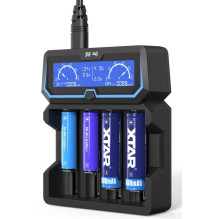 X4 greitas LCD įkroviklis Ličio jonų / Ni-MH (18650, 21700, AA, AAA), 4 lizdai, 2A, išorinė baterija, AC / USB