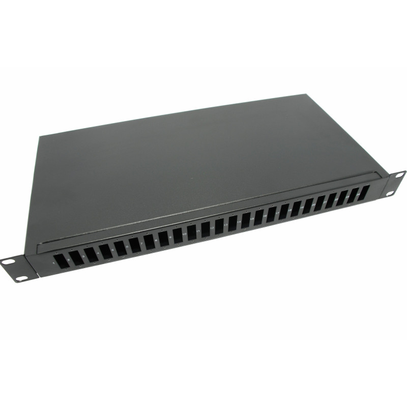 19' fiksuota 48F optinė komutacinė panelė su kasetėmis, 24 prievadų SC Duplex arba LC QUAD, juoda