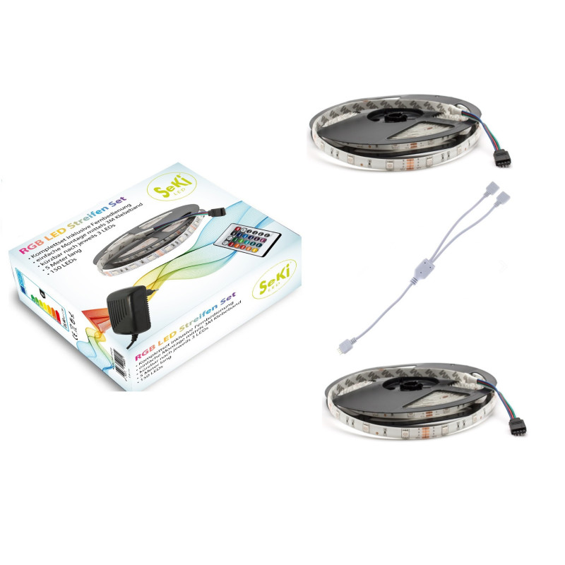 10 metrų spalvingų RGB 150LED 12V juostų rinkinys su nuotolinio valdymo pultu, valdymo bloku ir Y tipo skirstytuvu