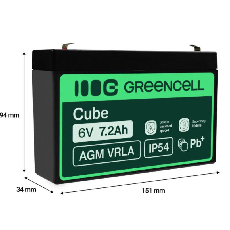 6V 7.2Ah battery :: AGM : VRLA :: 6 Volts, 7.2 Amp-hours (Ah) :: Terminal type T1 (4.75mm)