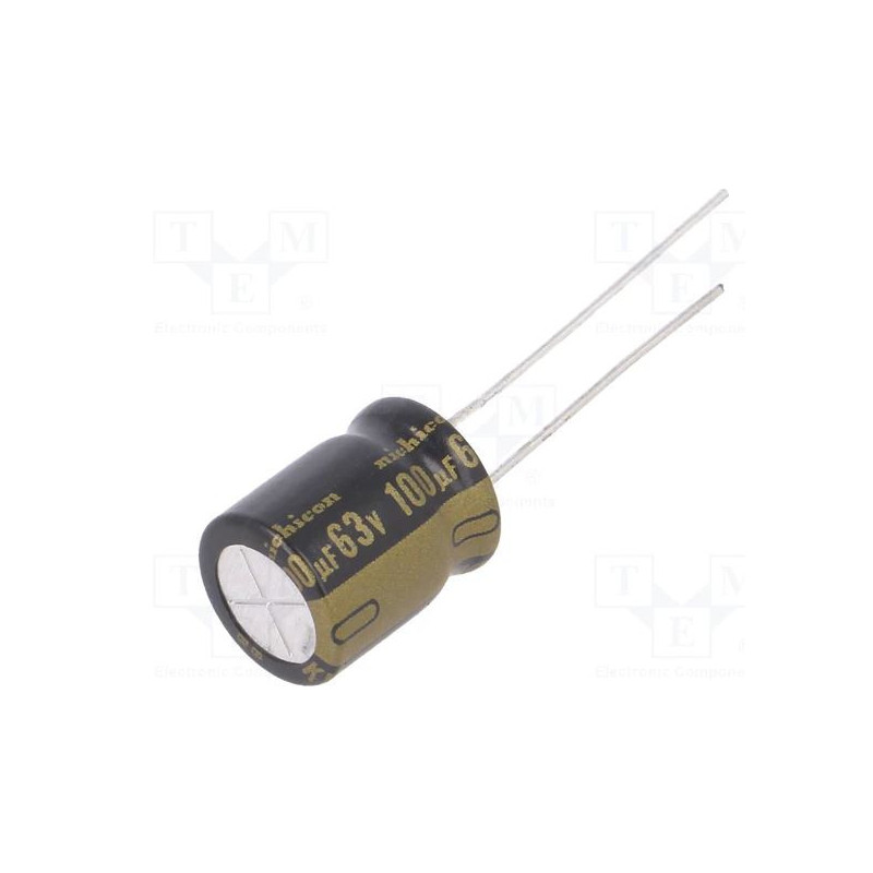 Kondensatorius: elektrolitinis, THT, 100uF, 63VDC, Ø10x12,5mm, žingsnis: 5 mm