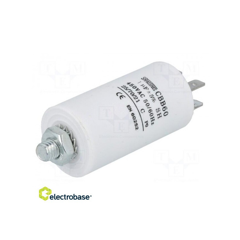 Kondensatorius: variklis, darbinis 1uF 450V ¨30x57mm -25÷70°C ±5% 3000h