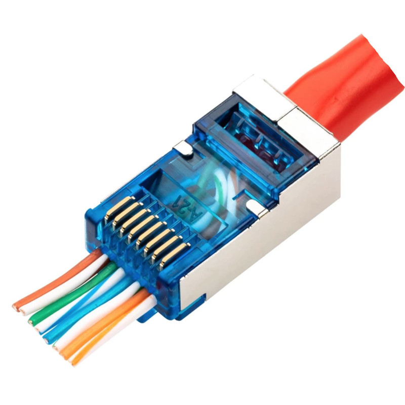 Ekranuota EZ RJ45 jungtis (EZ-RJ45 ir „Easy“ tipo), skirta CAT6 CAT5E LAN kabeliui, praleidžiama
