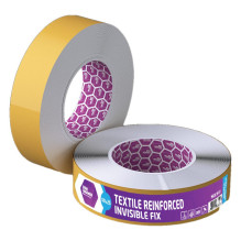 Double-sided adhesive tape reinforced, 50mm x 25m, transparent, PP / textile reinforcement
