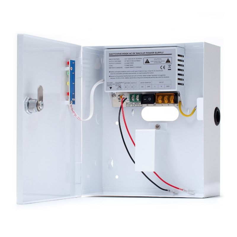 12 V 3 A maitinimo šaltinis su UPS funkcijomis ir vieta akumuliatoriui, metalinis, matmenys 160 x 205 x 70 mm