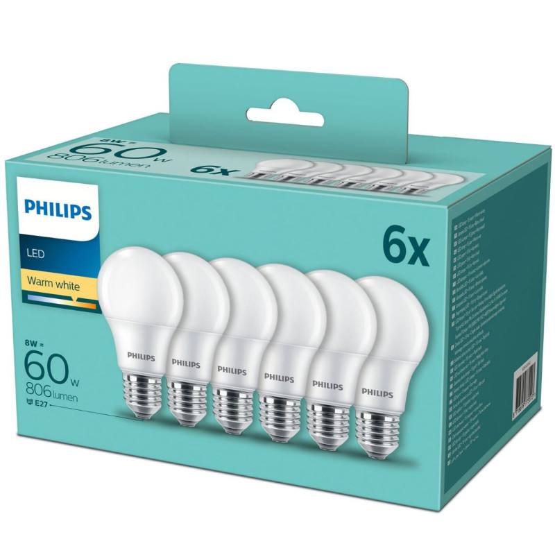 Philips LED Bulbs 8W (60W) E27 806Lm WW FR A60 ND 6pcs.