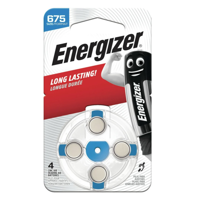 Size 675 batteries 1.45V Energizer Zn-Air PR44 in a pack of 4 pcs.