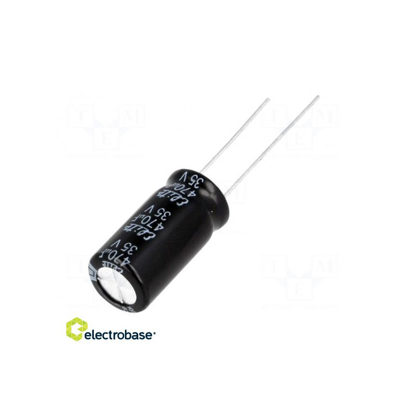 Kondensatorius: elektrolitinis, THT, 470uF, 35VDC, Ø10x20mm, žingsnis: 5 mm