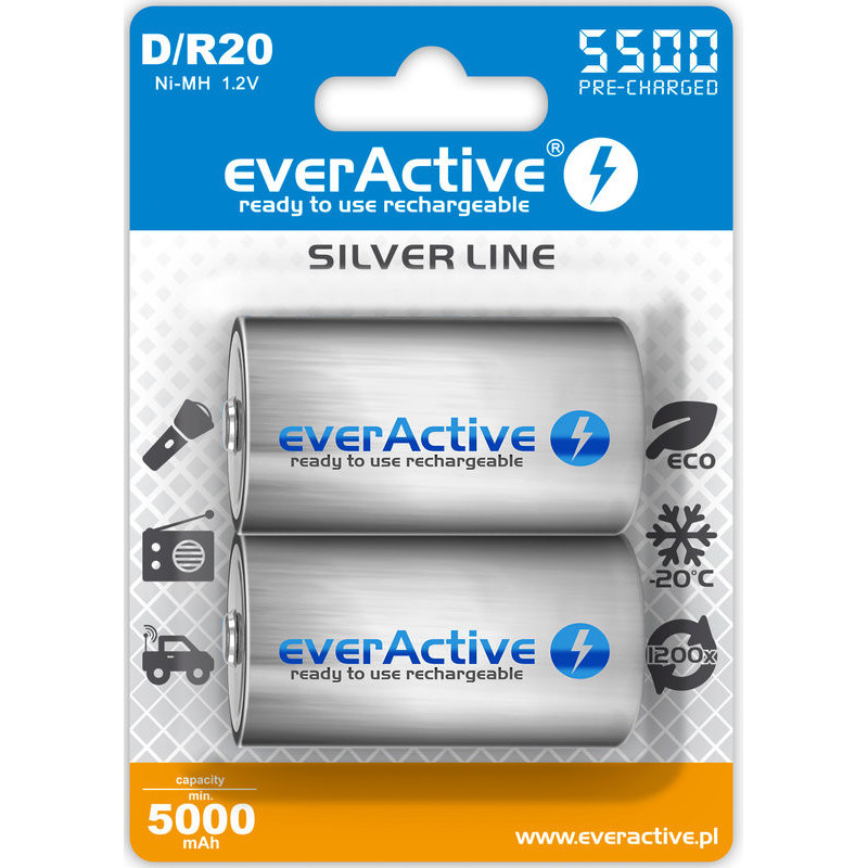 R20 / D batteries 1.2V everActive Silver line Ni-MH 5500 mAh in a pack of 2 pcs.