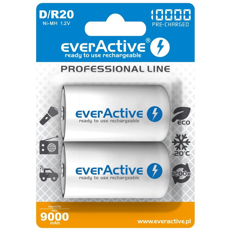 R20 / D batteries 1.2V everActive Professional line Ni-MH 10000 mAh in a pack of 2 pcs.